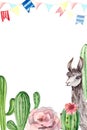 A children`s card with green juicy cacti, pink stone flowers, gray fluffy alpacas, Mexican hats with chili and fun flags. Holiday Royalty Free Stock Photo