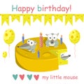 Children`s card happy birthday. Mice and cheese, balls, candles for the holiday isolated on white background. Vector flat Royalty Free Stock Photo