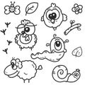 Children`s cartoon drawings set on the theme of the garden with the image of farm animals and plants Royalty Free Stock Photo