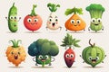 Children\'s cartoon illustration with different vegetables, funny faces. Vitamin vegetarian set. Generative ai