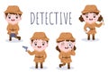 Children`s Cartoon Private Investigator or Detective Who Collects Information to Solve Crimes with Equipment in Illustration