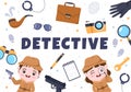 Children`s Cartoon Private Investigator or Detective Who Collects Information to Solve Crimes with Equipment in Illustration