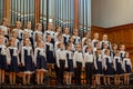 Children`s choir and soloists on stage before the start of the performance. Royalty Free Stock Photo