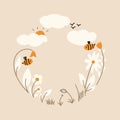 Children\'s circular frame with flowers, nature, clouds, bees. Vector illustration in flat style Royalty Free Stock Photo