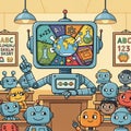 Children s classroom setting with robotic students and a robot teacher Royalty Free Stock Photo
