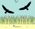 Children`s color illustration where a worm crawls away in horror from flying eagles