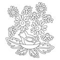 Children`s coloring book. Cute bird in the nest, flowers and leaves. Spring or summer vector illustration Royalty Free Stock Photo