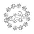 Children`s coloring book. Cute bird in the nest, flowers . Spring or summer vector illustration Royalty Free Stock Photo