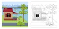 Children`s coloring book with an example. Vector image of a cartoon landscape wooden house, tree, river, sky. Tiled roof, porch Royalty Free Stock Photo