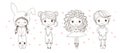 Children s coloring book with set of cute characters. A linear doodle sketch, a ballerina, a boy in shorts, a girl in