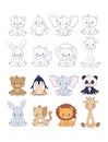 Children s coloring book with tropical and wild forest animals. Zoo collection, Cute baby elephant, giraffe, hare. Hand