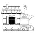 Children`s coloring book a wooden house with a window, a porch tiled roof, a terrace, birdhouse on the roof of the house, a