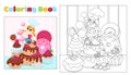 Children\'s coloring girl in a chef\'s hat sits near sweets, lollipops and a cake. Coloring page for children.