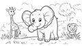 Cute Outline Coloring Page Elephant, Giraffe, and Lion in Safari Royalty Free Stock Photo