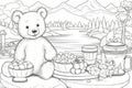 Children\'s coloring page with a cute teddy bear picnic scene Royalty Free Stock Photo