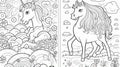 Children\'s coloring with a unicorn, black and white graphics with a curly pattern. Royalty Free Stock Photo