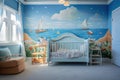 Children's room that sings of the sea. Soft blue walls, white cribs with blue linens, and oceanic murals set the