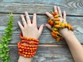 Children`s creativity bracelet made of autumn berries: Rowan berries and rose hips. On children`s hands