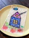 Children& x27;s creativity, drawing on a napkin house, in the water, magic.