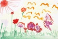 Flower meadow in summer. Real drawing of a small child. Drawing by watercolor.