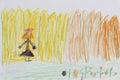 The girl is walking along the fence. Real drawing of a small child. Drawing by pencil.