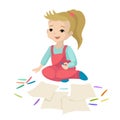 Child draws on paper with pencils, sits on the floor and smiles. Vector character Royalty Free Stock Photo