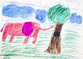 Pink elephant in the meadow. Real drawing of a small child. Drawing by felt-tip pens.