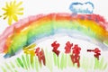 Rainbow sun and flowers. Real drawing of a small child. Drawing by watercolor.