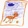 Red cat and sun. Real drawing of a small child. Drawing by felt-tip pens.