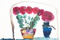 Red roses in pots. Real drawing of a small child. Drawing by watercolor. Royalty Free Stock Photo
