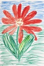 Smiling red flower. Real drawing of a small child. Drawing by felt-tip pens.