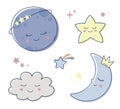 Children s cute set with the image of a small sleeping moon, a crescent moon, a star and a cloud