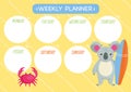 Children\'s cute week planner. Horizontal. With cute Koala character and surfboard.