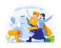 Children\'s Day concept illustration. Happy cute boy and girl are playing rocking horse as a prince knight and princess
