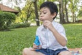 Children`s Day. Little boy kid blowing soap bubbles in garden park Royalty Free Stock Photo