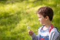 Children's Day. Sweet little boy blowing dandelion Royalty Free Stock Photo