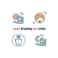 Children`s dental poster: I love brushing my teeth. Teeth cleaning line icons, Healthy baby teeth card. Vector Royalty Free Stock Photo