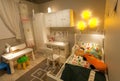 Children`s department with toys and design products for kids in large IKEA store with furniture, decor