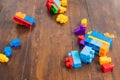 Children`s developmental constructor. A child builds a tower of colored cubes Royalty Free Stock Photo