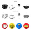 Children`s diapers, a toy over the crib, a rattle, a children`s bath. Baby born set collection icons in black, flat