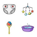 Children`s diapers, a toy over the crib, a rattle, a children`s bath. Baby born set collection icons in cartoon style Royalty Free Stock Photo