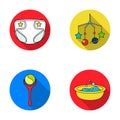 Children`s diapers, a toy over the crib, a rattle, a children`s bath. Baby born set collection icons in flat style