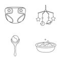 Children`s diapers, a toy over the crib, a rattle, a children`s bath. Baby born set collection icons in outline style