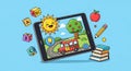 Children\'s digital learning with cartoon sun, ABC blocks, and school bus on tablet screen Royalty Free Stock Photo