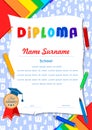 Child diploma with letters, scrolls, pencils, notebooks and pen Royalty Free Stock Photo