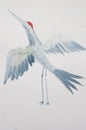 children\'s diy watercolor drawing on textured paper - gray crane stands with its wings