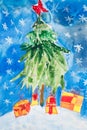 children\'s diy watercolor drawing on textured paper - green fluffy christmas tree with