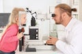 Children`s doctor examining little girl with ophthalmic equipment