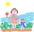 Illustration in the style of children`s drawing. Mother and daughter are walking