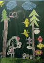 Children`s drawing on the blackboard